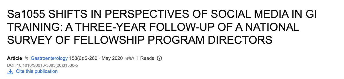 Q: What about  #socialmedia in GI training?We performed a survey of GI fellowship program directors:  #SoMe increasingly recognized as a valuable tool in  #meded among PDs but  #SoMe training still lacking as part of curriculum. @AllisonYangMD  @WalterChanMD https://www.sciencedirect.com/science/article/pii/S0016508520313305?via%3Dihub