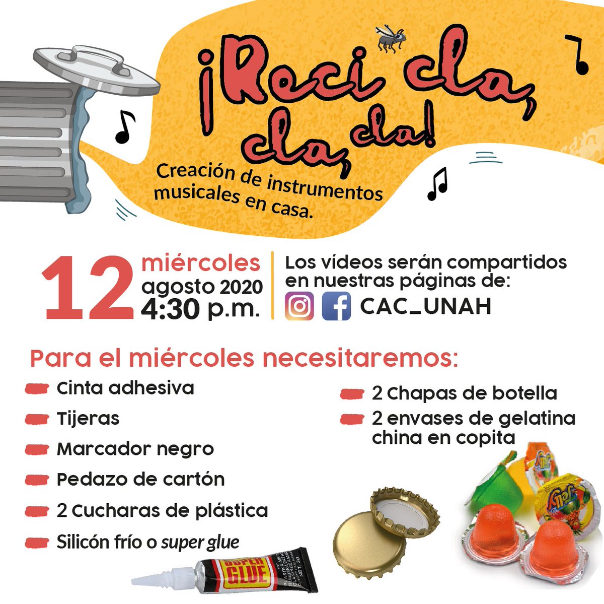 cac_unah's tweet image. ¡Comienza la 3er serie de #videotutoriales! Mañana miércoles 12 de agosto 2020. Esta vez exploraremos con la música y nos divertiremos construyendo nuestros propios instrumentos musicales caseros.
Prepara los materiales y conéctate con tus sonidos.
#ArteEnCasa #ArteyBienestar