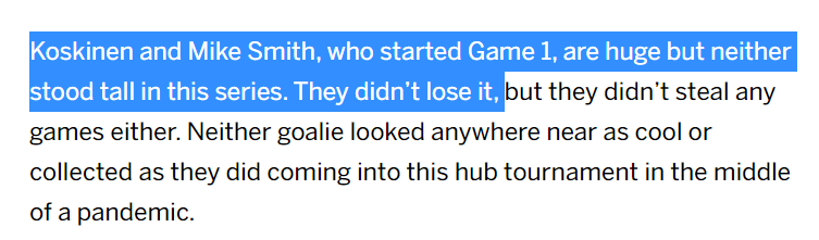 Then Matty giving two worst goalies in the play in round an easy pass. Apparently every other goalie makes only easy saves and not the tough ones and causing one goal and missing the next two save isn't an issue (2/