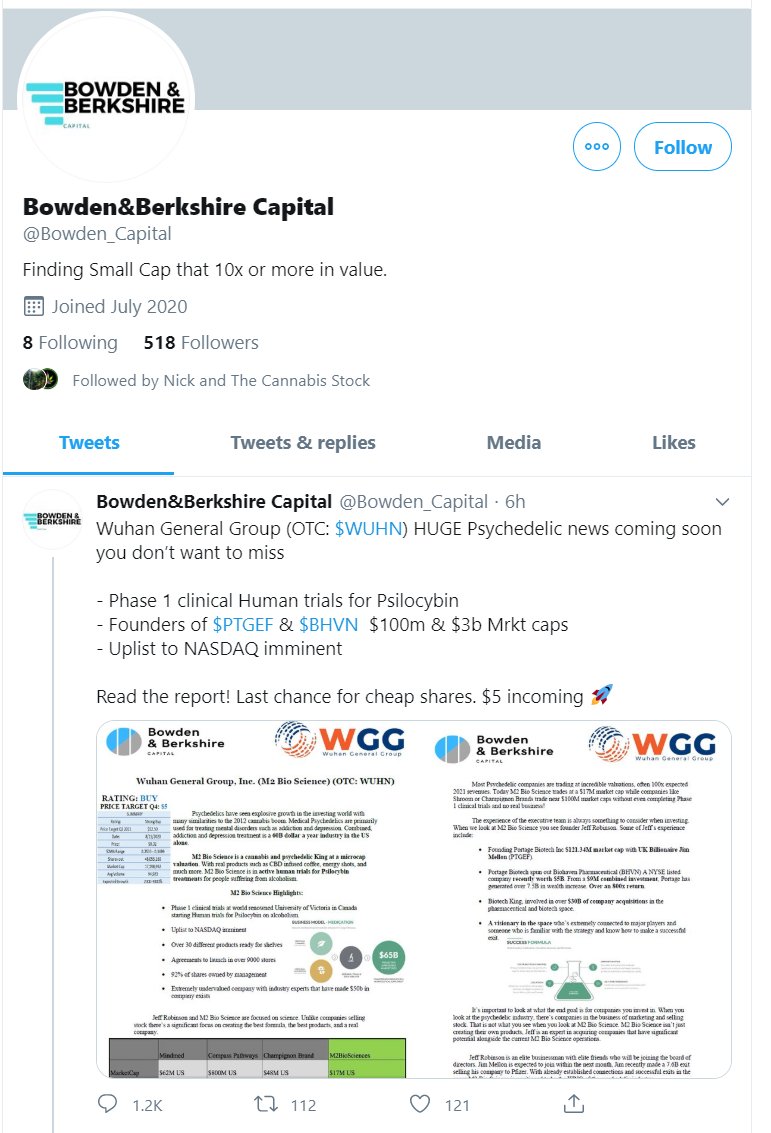 Pot_Stonks's tweet photo. 🚨 $WUHN IS A SCAM!!! They paid a FAKE analyst to give a price target of $12.50 on a penny stock scam worth $0.01 in may. The fake "analyst" joined Twitter on July 2020 and they bought FAKE retweets &amp; likes from bots banned off twitter. 100% SCAM!!! 🚨 https://t.co/Ub5A6tYewG