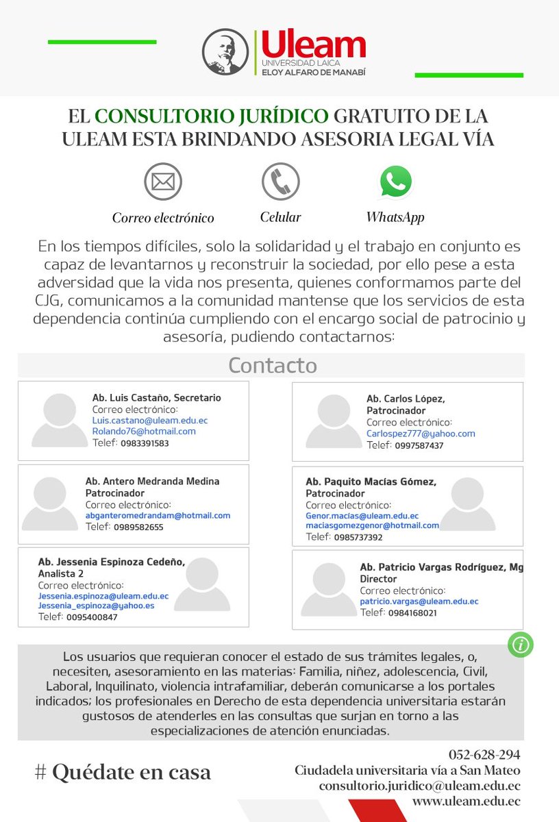 Infórmate❗
El .<a href="/CJGUleamEc/">CJG | Consultorio Jurídico Gratuito</a> de nuestra <a href="/UleamEcuador/">Uleam Ecuador</a> brinda asesoramiento legal gratuito por medios virtuales, vía correo electrónico📩 📲. Más información aquí 🔽🔽