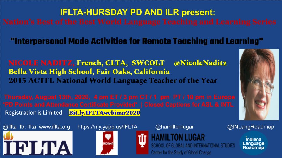 ONE MORE! DON'T MISS IT! <a href="/IFLTA/">IFLTA</a> <a href="/INLangRoadmap/">Indiana Language Roadmap</a> @NicoleNaditz <a href="/BVHSlibrary/">BVHS Library</a> <a href="/AATFrench/">AATF</a> <a href="/AATGOnline/">AATG</a> <a href="/AZLAinfo/">AZLA</a> <a href="/FLAVAWeb/">FLAVA</a> <a href="/flam_mo/">FLAM</a> <a href="/MFLAMD/">MFLA</a> <a href="/kswla/">KSWLA</a> <a href="/NYSAFLT/">NYSAFLT</a> <a href="/CLTAtweets/">California Language Teachers' Association</a> <a href="/BilingualPlanet/">Bilingual Planet</a> @BilingualNation <a href="/TFLA_Tweets/">TFLA</a> #iflta #actfl #langchat #INedchat 

R/tion: Bit.ly/IFLTAWebinar20…