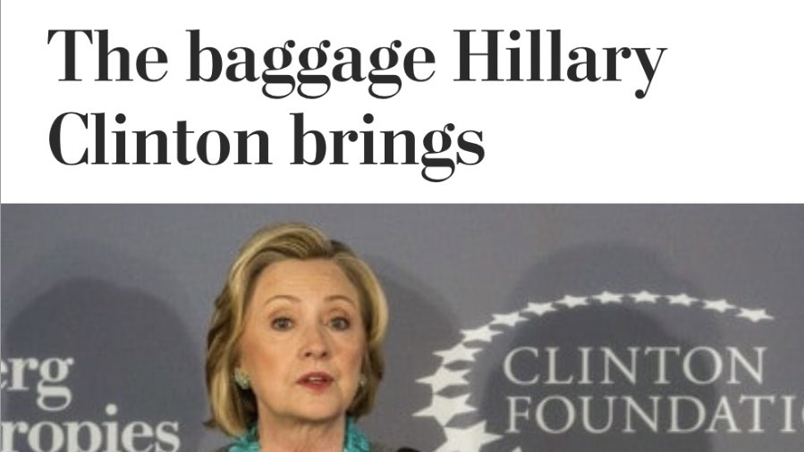 Editors have always LOVED to put the word "baggage" in Hillary Clinton headlines. But you usually have to read the articles to find out that it is "unique baggge." 2/