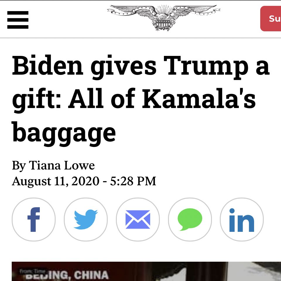 Now, Kamala is also racking up the "baggage" headlines. Shortly after Biden's announcement, the Washington Times ran this treasure on the left.But hey, at least it's "Kamala's Baggage." In 2016, the Examiner wrote about "Bill's Clinton's Baggage for Hillary." (right) 3/