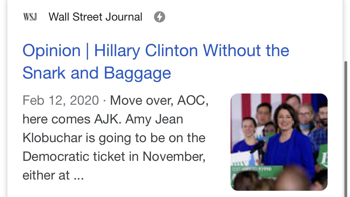 There was that one time when the Wall Street Journal declared Amy Klobuchar was "Hillary Clinton Without the Snark ans Baggage." But then came George Floyd's death and people started looking at her actual record as a prosecutor, and, well. 6/