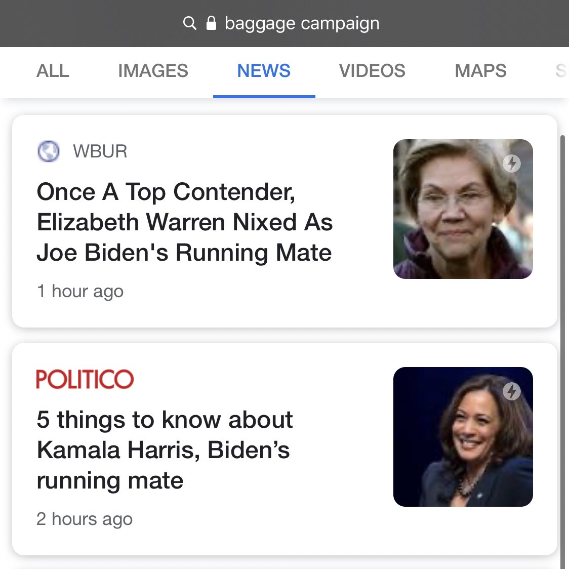 Here's what happens if you search Google News for "baggage" + "campaign." A roster of women!No recent stories about Trump's "baggage" in the campaign—163,000 dead Americans, economic collapse, children in cages, Ukraine, Russia, impeachment—but oh, look at the faces. 8/