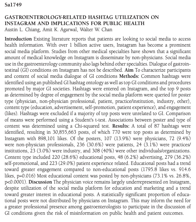 More recently we looked at the GI-related hashtags on other platforms such as  @Instagram to better characterize online dialogue, demonstrating underrepresentation of MDs speaking on GI-related topics + a trend toward greater interest in educational posts. https://www.sciencedirect.com/science/article/pii/S0016508519378163?via%3Dihub
