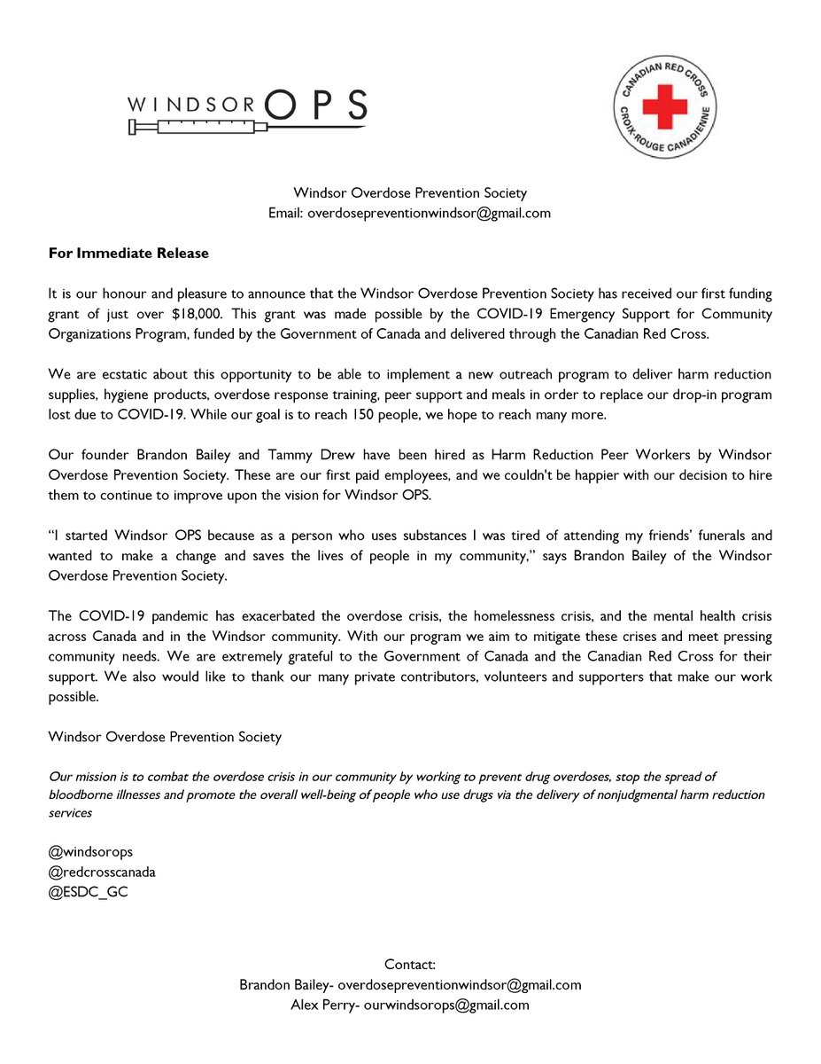 WindsorOPS's tweet photo. We are so excited to announce funding support from the @ESDC_GC delivered by @redcrosscanada as part of COVID-19 support for local non-profits. We will use this funding to expand and improve the work we do! Read our full press release: https://t.co/9tC2D6ia6X