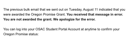 michelethorn's tweet photo. It seems OSAC sent everyone a confirmation email that they received the Oregon Promise Grant...IN ERROR. #heydan #ouch #2020sucks @KGWNews https://t.co/hEstdIDtq6