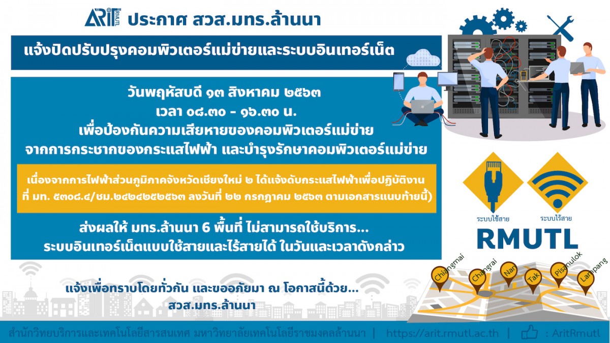 ARITRMUTL1's tweet photo. ขอแจ้งปิดปรับปรุงคอมพิวเตอร์แม่ข่ายและระบบอินเทอร์เน็ต (๑๓ ส.ค. ๖๓) | สำนักวิทยบริการและเทคโนโลยีสารสนเทศ https://t.co/WoDsOKvyLC 

#ARITRMUTL #RMUTL #ราชมงคลล้าน��า #สำนักวิทยบริการฯ https://t.co/Coyj2MayF8