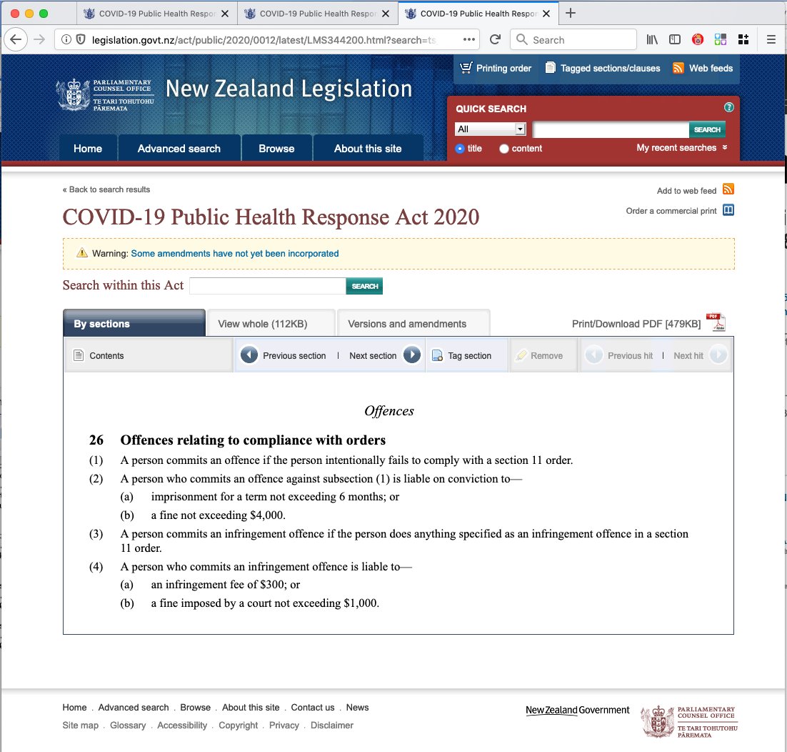Subject to “amendments not incorporated”, looks like “an infringement offence” not to display a QR code for the business, which is $300-$1300. (Hopefully “there are no visitors” would be at the lower end.)  #Covid19  https://legislation.govt.nz/act/publi...