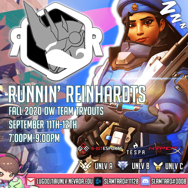 SlamtaroOW's tweet photo. Hello UNLV Overwatch players!

RR Tryout Form: https://t.co/pQf1CwUmIT

Reminder that the UNLV Runnin' Reinhardts are hosting tryouts in a month! You must be 2000+ SR (C Team) 3000+ SR (B Team) or 4000+ SR (A Team) in the current season to tryout. 

#KeepOnSwinging🔨 https://t.co/wqVUuhQYff