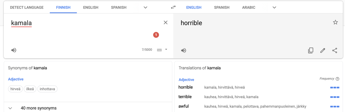 LibertyLasting's tweet photo. Kamala means horrible in Finnish.

It also means it in English.

#Copmala is the reason .@realDonaldTrump will win.

Thank you .@JoeBiden for giving away our country!

@KamalaHarris is a will never be my master. https://t.co/5GJ3Rc1g6F