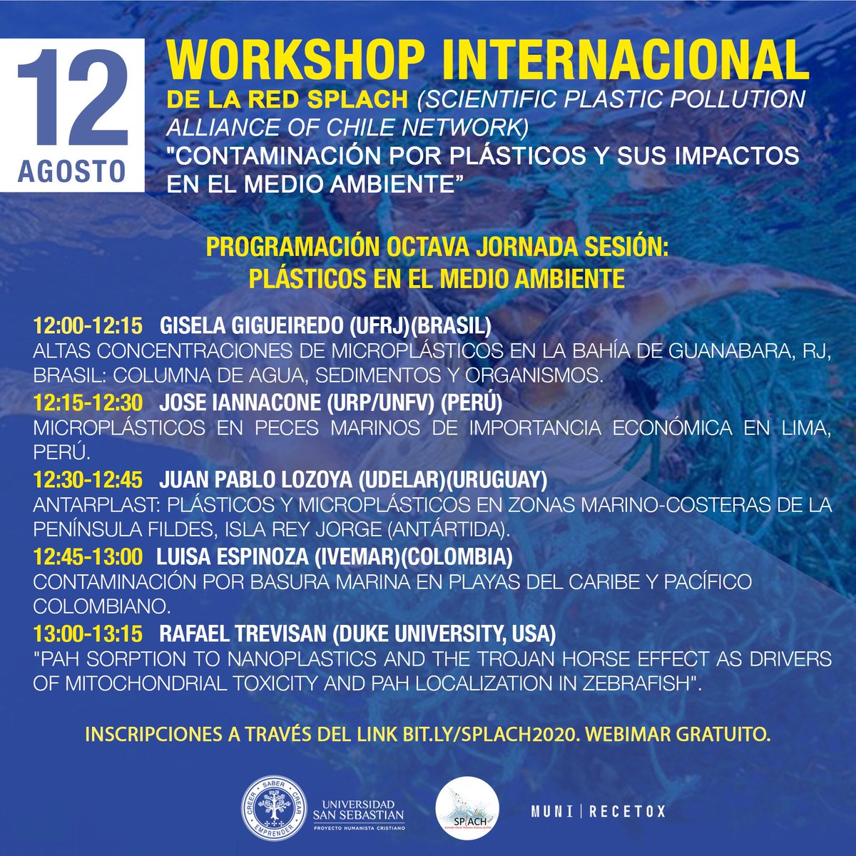 Tod@s invitad@s a la octava jornada del Workshop Internacional de la red SPLACH, nos vemos mañana 12 de agosto #splach2020 #plasticfibers #marinepollution #chile #ocean #medioambiente #microplastics #brasil #colombia #peru #plasticpollution #basuramarina #antartida #recetox