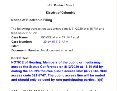 curtismorrison's tweet photo. Here's how to access Wednesday's status conference in the DV/PP 10052 cases. Judge Mehta has suggested he will rule at this hearing on our discovery motion in #DrMvTrump.  #Immigration #AkervTrump #GomezvTrump #FonjongvTrump #dv2020 https://t.co/Gv51XtXZCG