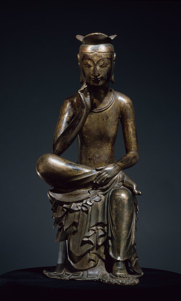 Then we have the pensive Maitreya buddhas, 6th century BCE. Pensive buddhas, which possibly originated in Korea, were thought to be popular given that Maitreya, future buddha of this world, offered a hopeful message during the tumultuous Three Kingdoms period.
