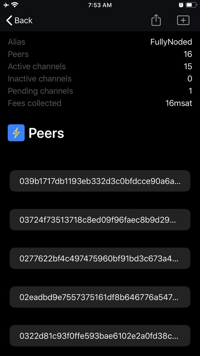 4/ To get others to connect to your lightning node share your lightning url here by tapping the export button (NOT THE CREDENTIALS), from this view you can easily share your p2p url for others to connect, go ahead and connect to me by scanning the QR