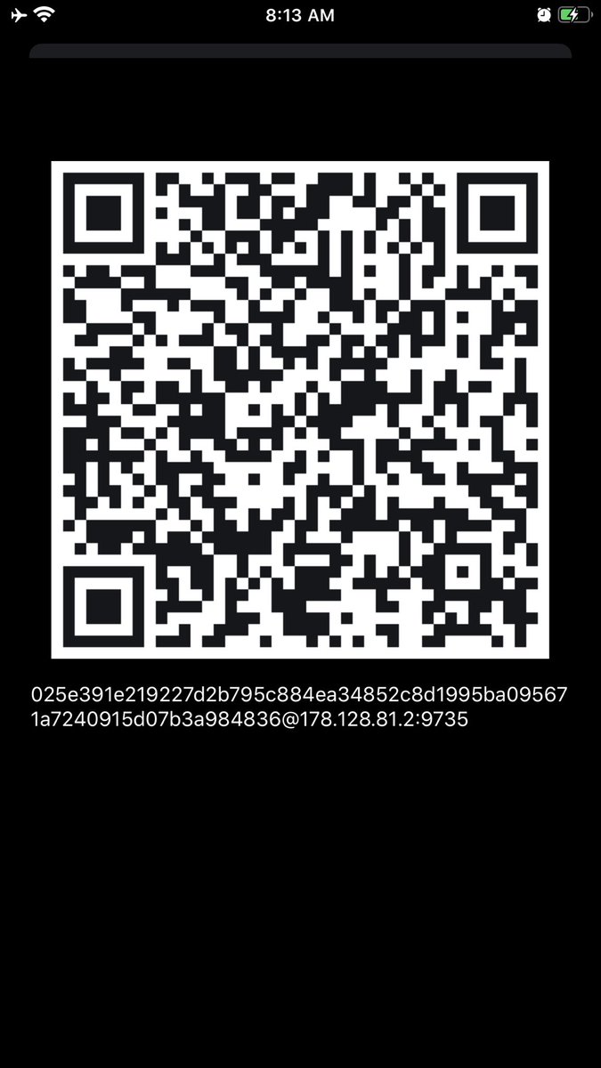 4/ To get others to connect to your lightning node share your lightning url here by tapping the export button (NOT THE CREDENTIALS), from this view you can easily share your p2p url for others to connect, go ahead and connect to me by scanning the QR