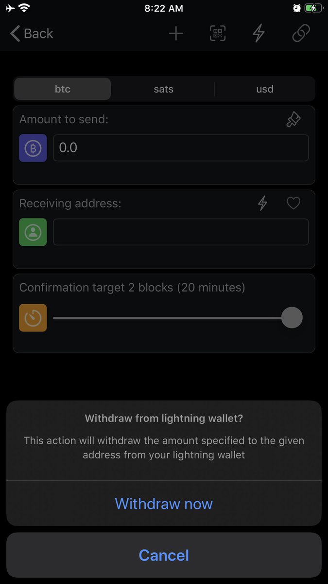8/Sending:tap the largerbutton to withdraw funds from your lightning wallet.for normal onchain transactions use the  button. paste in or scan a bolt11 lightning invoice to make lightning payments. tap the receiving  to get a funding address for your lightning wallet