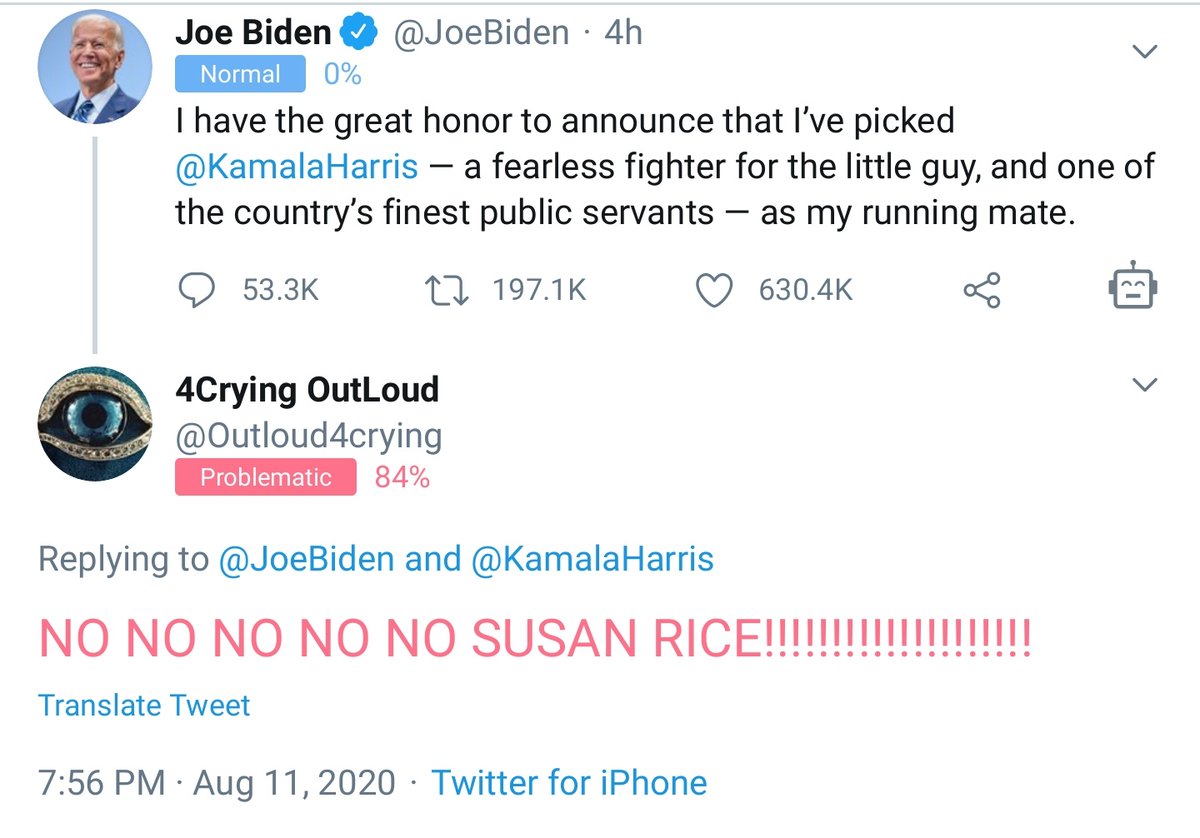 cbouzy's tweet photo. ⚠️Inauthentic accounts are already attacking Kamala Harris by claiming Joe Biden should've selected Susan Rice. https://t.co/Nj64og9r2G