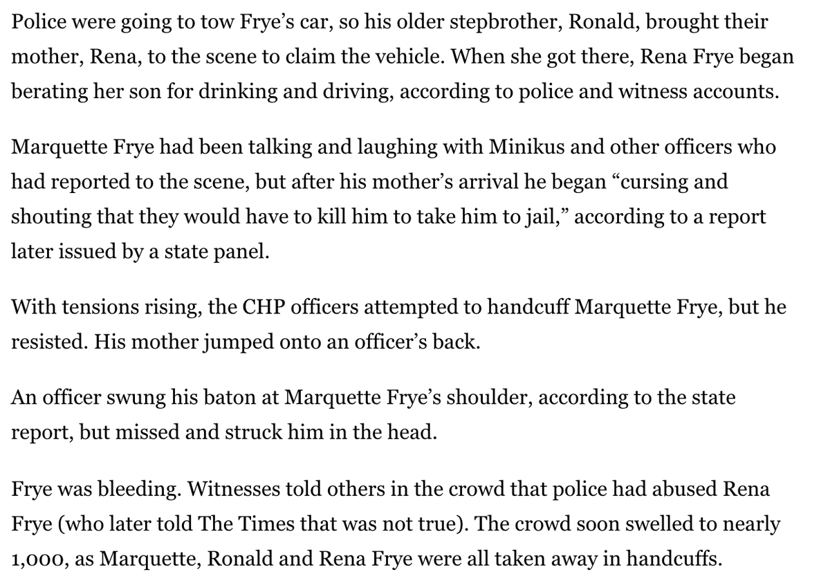 On Aug. 11, 1965, California Highway Patrol Officer Lee Minikus pulled over 21-year-old Marquette Frye near 116th Street and Avalon Boulevard. Frye failed sobriety tests as a crowd of began to gather nearby.  https://www.latimes.com/local/lanow/la-me-ln-watts-riots-explainer-20150715-htmlstory.html