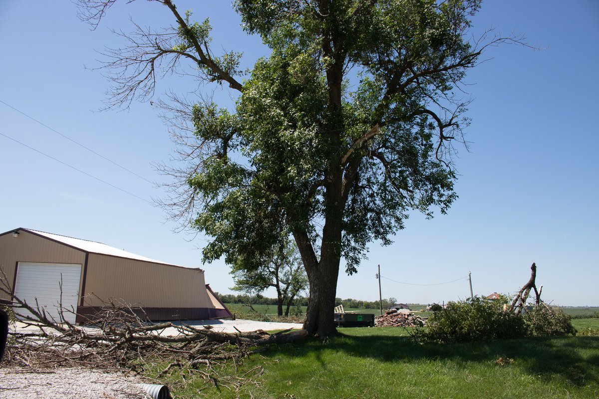 More barns destroyed by violent winds between Woodward and Huxley. This area was especially difficult to traverse due to downed trees, power lines, and crews working rapidly to restore power after this wind event.