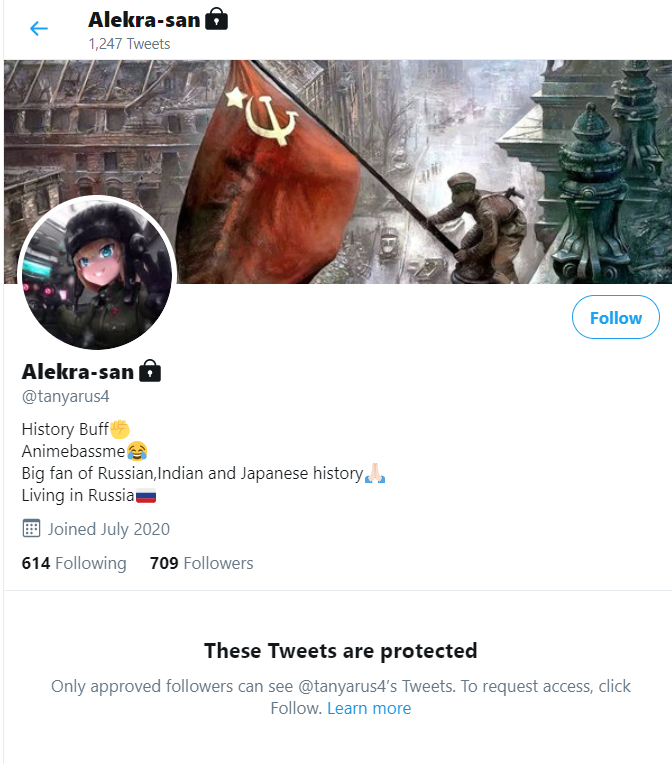 12Looks like our guy is having some SERIOUS identity issues, just like his country of origin!He has 'gifted' himself an all new handle, @tanyarus4, a new bio as well and once again gone behind a lock!But he does seem a bit obsessed with Tanya Ji. He just can't let go of her!