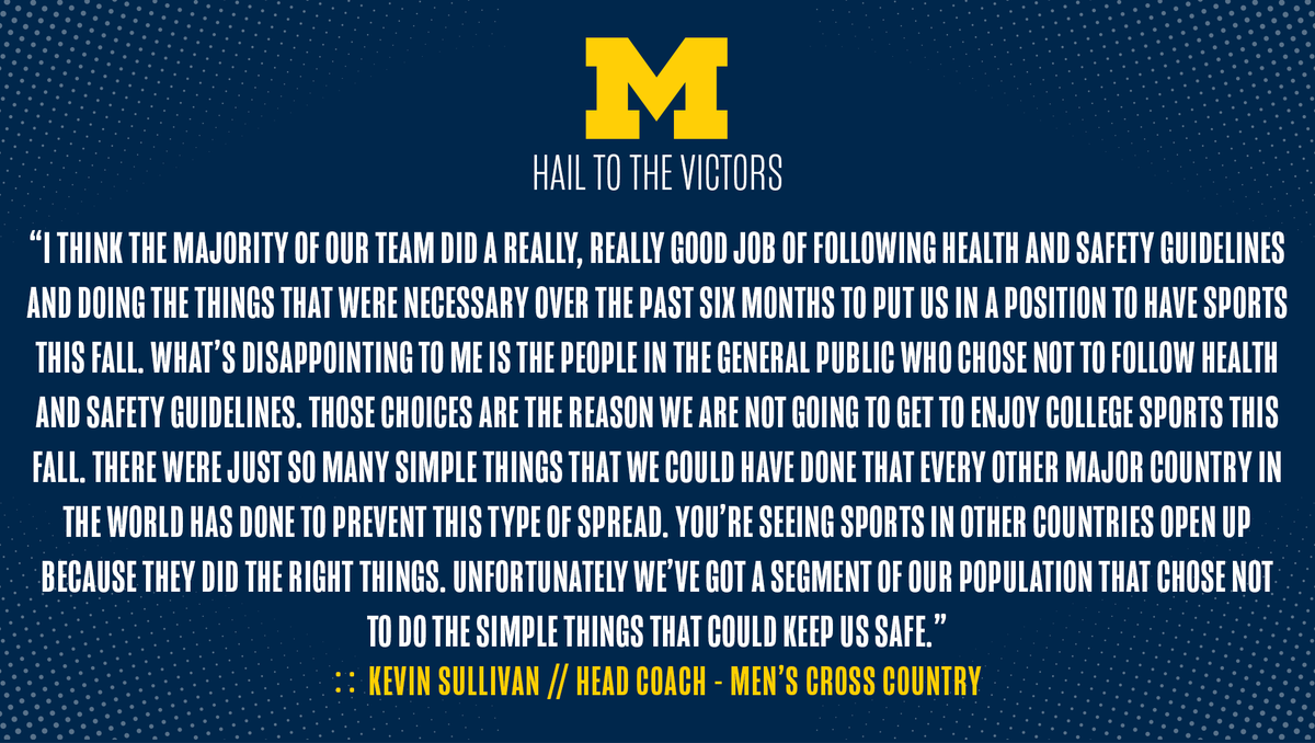 Statement from men's cross country head coach Kevin Sullivan on today's news

⬇ #GoBlue #MaskUpMichigan