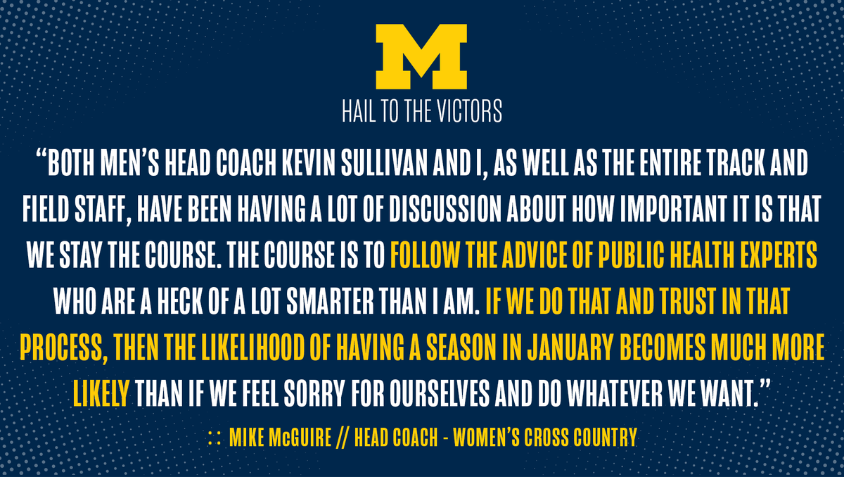 Statement from women's cross country head coach Mike McGuire on today's news

⬇ #GoBlue #MaskUpMichigan