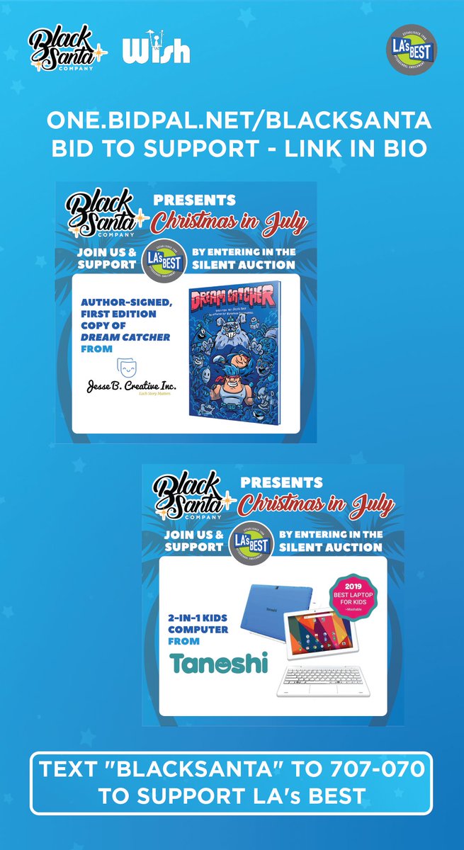 Visit our auction in support of #LAstudents in need via LA's BEST Afterschool Enrichment Program – only a few days left! 

one.bidpal.net/blacksanta

#communitymatters #lookoutforeachother #blacksanta #lendahand #givingback #giveaway #onlineauction