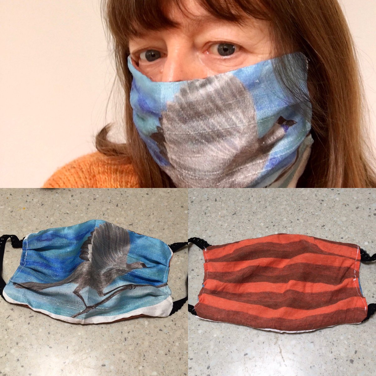 Graphicscribe's tweet image. Silk masks - homemade from NZ bird images I painted &amp;amp; printed onto silk for t-shirts... #repurposed #recycled #tshirtbusinessfailed #masks #artinthetimeofcovid19