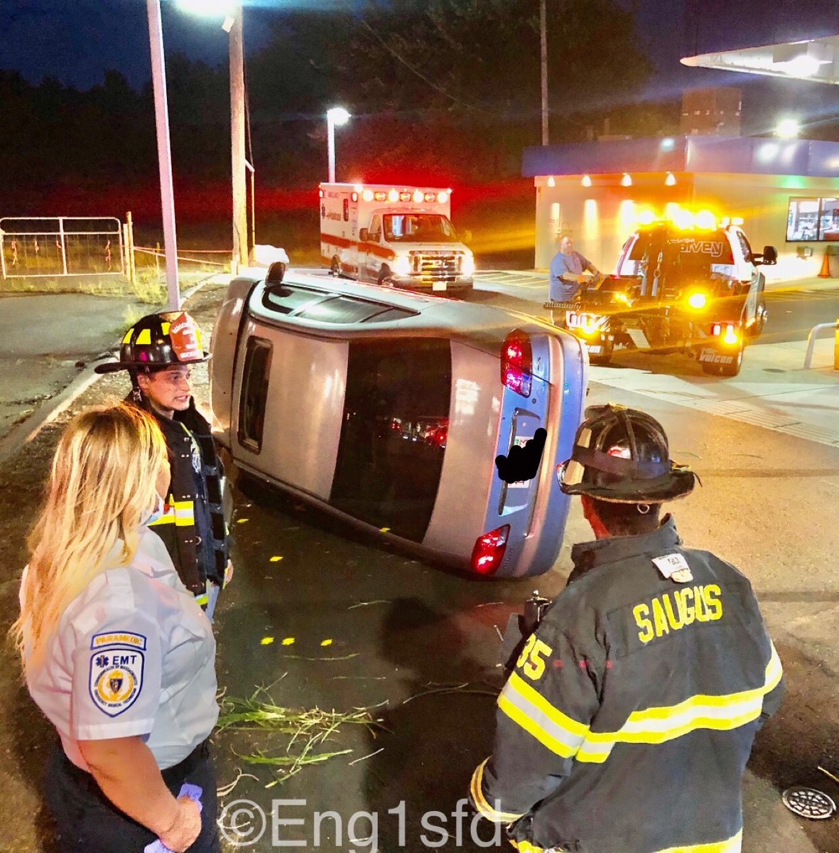 Saugus MA,single car accident @ 700 Broadway North bound,a car left the road and flipped on its side landing in the Sunoco Gas station. No injuries reported at the scene.nothing else was hit or damaged,Saugus Fire/Police &amp; EMS as well state police were in scene.
