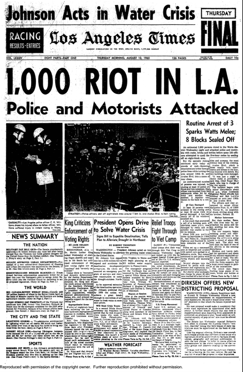 Los Angeles Times on Twitter: "Today marks the 55th anniversary of the Watts Rebellion, also known as the Watts riots, which lasted from August 11-16, 1965. It all started with a traffic