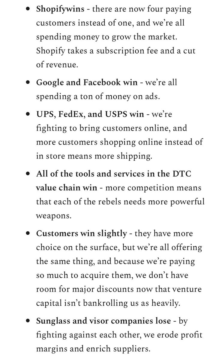 6. More direct competitors and substitutes means companies are forced to spend more on tools and marketing.Who wins and loses?Shopify wins.Facebook and Google are the biggest winners.FedEx, UPS, USPS win.Ecommerce tools win.Customers kinda win.Commoditized brands lose.