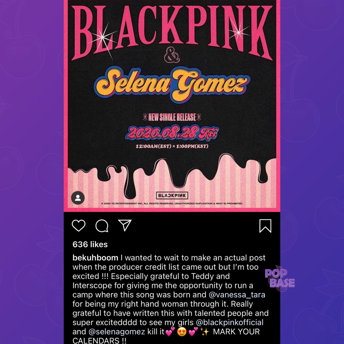 Bekuh Boom, co-writer of previous BLACKPINK hit singles like Boombayah, D4, and Whistle, shares excitement for upcoming SelPink collab via Instagram:

“Really grateful to have written this with talented people and super exciteddddd..”