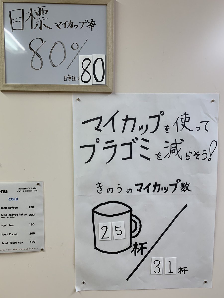 Umion10's tweet photo. マイカップを推進している弊社のカフェ
やっと目標の80%に到達しました！ https://t.co/x8RgLUIqz1