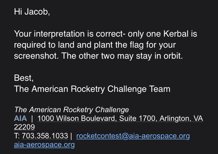 sm_rocketry's tweet photo. @ARKinspace1 You do (did) not. We had to clarify with them, but the stipulation in the rules kind of said it “only one has to land, Eva and plant the flag.” https://t.co/t0lgkDSa7i