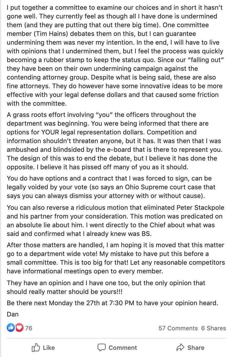 Dan was pushing for the FOP to hire new lawyers to represent police that he categorizes as aggressive, proactive. This is how Dan feels critics should be dealt with. This was voted down at the end of July by FOP members.