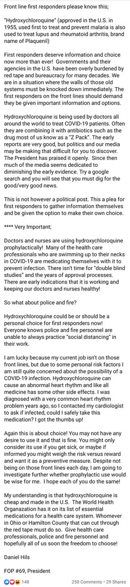 This is how FOP president Dan Hils chooses to use the police support Facebook page: to push his own partisan agenda unrelated to police issues, including the use of hydroxychloroquine for COVID-19 despite the lack of research.