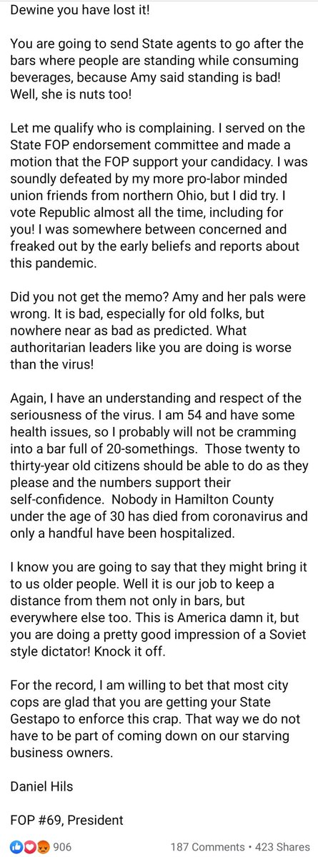 This is how FOP president Dan Hils chooses to use the police support Facebook page: to push his own partisan agenda unrelated to police issues, including the use of hydroxychloroquine for COVID-19 despite the lack of research.