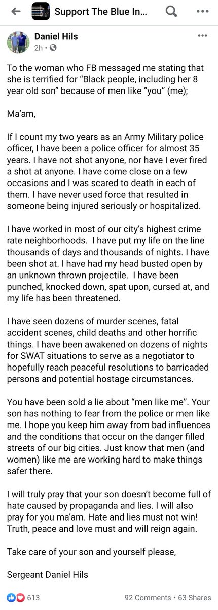 Dan received a message from a Black mother who was worried about her son and having him grow up in a world with people that spread rhetoric like Dan. Instead of responding to her, he blocked her, spoke about it on the radio, and wrote a whole post on the police support FB page.
