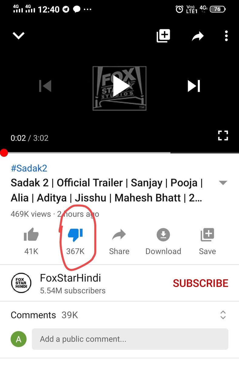 Akansha295's tweet photo. Lol🤣
Just look at the dislikes!!
Let's make it as the most disliked trailer in the history..
#ArrestBhatt
#sadak2trailer 
#BoycottSadak2 https://t.co/A7IGNFrb21