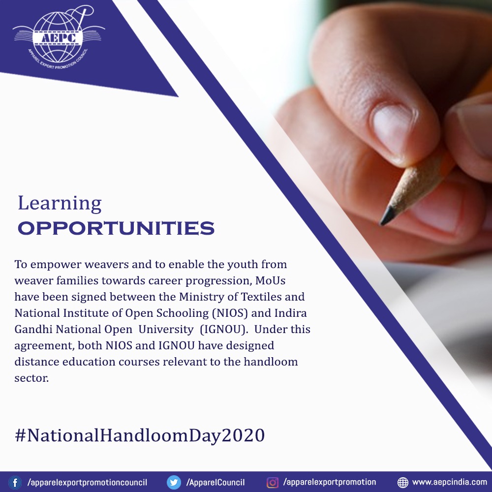 aepcindia's tweet photo. #HandloomFact
To empower weavers and to enable the youth from weaver families towards career progression, MoUs have been signed between the Ministry of Textiles, #NIOS and Indira Gandhi National Open University (IGNOU).
#AEPC
#Vocal4Handmade #NationalHandloomDay https://t.co/Mxr9cwieOD