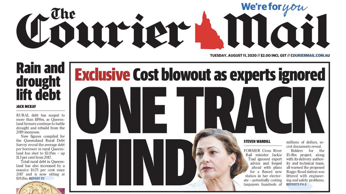 What a bullshit allegation by Murdoch’s  #CourierFail. They claim  @jackietrad personally overruled “all the expert advice” to approve the new  @CrossRiverRail station at Boggo Road. This claim is wrong on every level. THREAD