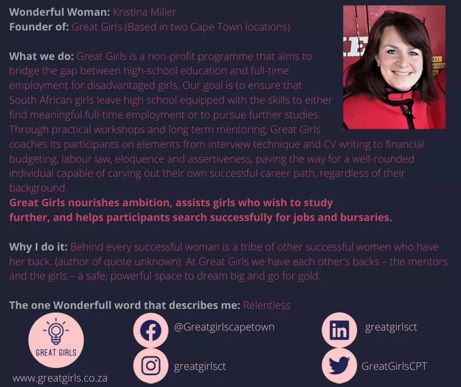 Corpedia2's tweet image. #WonderfulWomanWednesday
Wonderful Woman Kristina Miller is the founder of @GreatGirlsCPT.An Amazing NPO that support young girls in disadvantaged areas to bridge the gap between high-school education and full-time employment. 
#Empowerment #SupportingFutureGenerations