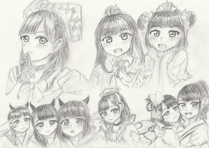 Aqours9人シャープペンで描いてみました✨☺️(※似てないです!)
1つ1つ丁寧じゃなくてすみません‼️?
左上・杏ちゃん
右上・ありしゃ&amp;ふりりん
左下・杏ちゃん&amp;あいきゃん&amp;りきゃこ
下真ん中・きんちゃん 
右下・すわわ&amp;あいにゃ
1推しの杏ちゃんを2回描いたので合計10人です❣
#Aqours 
#lovelive 