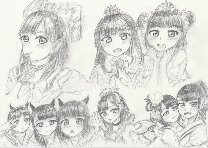 Aqours9人シャープペンで描いてみました(※似てないです!)1つ1つ丁寧じゃなくてすみません?左上・杏ちゃん右上・ありしゃ&amp;ふりりん左下・杏ちゃん&amp;あいきゃん&amp;りきゃこ下真ん中・きんちゃん 右下・すわわ&amp;あいにゃ1推しの杏ちゃんを2回描いたので合計10人です#Aqours #lovelive 