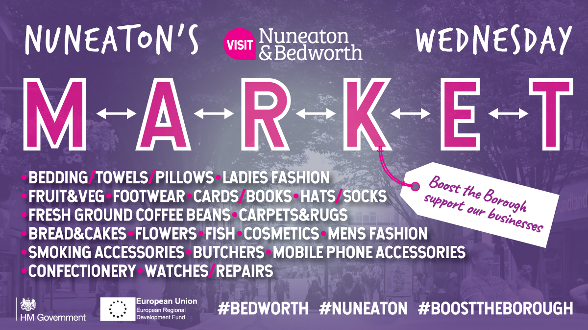 Good Morning - it's #Nuneaton's market day.

Shop safely and keep your distance. Measures in place to help. 
Remember to wear a face covering for shops, supermarkets &amp; public transport. #BeKind

#BoostTheBorough