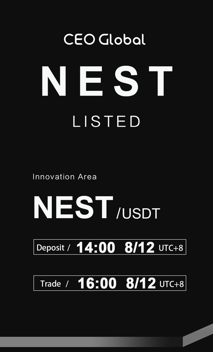 CEOGLOBAL_EXCHA's tweet photo. NEST Listed on CEO Global
👉Trading pair: NEST/USDT
👉Deposit: Started
👉Trade: 16:00，August 12, 2020 (GMT+8) https://t.co/icQXhYOluI