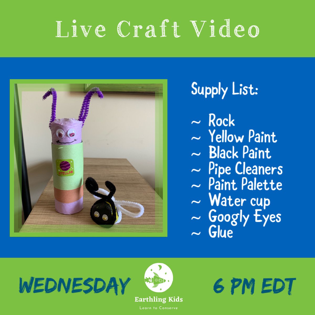 EarthlingK's tweet photo. We are going to live stream this week’s Craft Video using Facebook Live! Join us Wednesday at 6 PM EDT and follow along to make your own Bee Pet Rock!

#earthlingkids #learntoconserve #craft #diy #livevideo #live #howto #joinus #crafting #facebooklive #bee #petrock #buzz https://t.co/gxsYDzDLqv